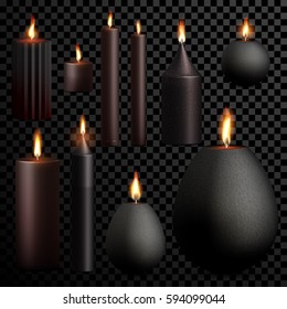 Candles set 3D realistic isolated flame burning on vector transparent background. Black decorative scented paraffin wax candle light