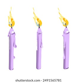 Candles set. Birthday cake candle collection. Violet vintage cartoon burning candle with dripping or flowing wax. Candlelight flame vector illustration isolated