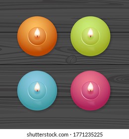 Candles set. Burning candles on wooden table. Flat lay, top view. Realistic vector illustration