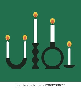 Candles set. Candlestick collection. Home design. Advent season. House interior decor elements, light. Vintage candle holder vector illustration. Flat trendy abstract style. Scandinavian design.