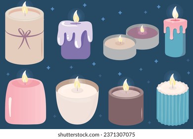 Candles set. Different shapes and sizes. Pillar, jar candle, square, container candle. Hand drawn trendy Vector illustration