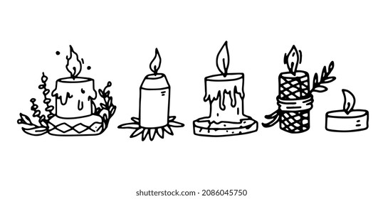 Candles set in doodle outline style. Vector illustrations of handdrawn candle icons. Handmade candles isolated on a white background