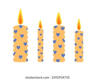 Candles set hand drawn flat vector illustration, colorful holiday celebration collection of decorated with hearts objects of different sizes for birthday, wedding, Christmas, any other purpose