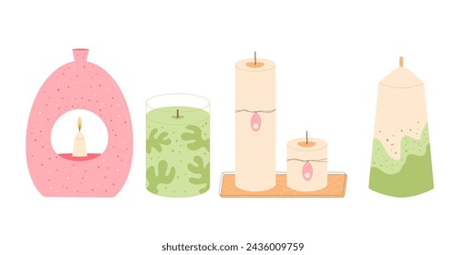 Velas puestas. Vela aromática hecha a mano aislada en fondo blanco. Ilustración de dibujos animados vectoriales.