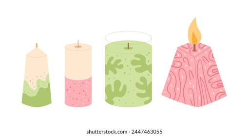 Velas puestas. Vela aromática hecha a mano aislada en fondo blanco. Hora de Hygge. Aromaterapia y relajación decoración del hogar. Vector ilustración de dibujos animados.