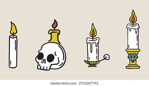 Candles set, holder candle, plain candle, skull candle, medieval vibe, boho mystical witchy hand drawn style. Vector illustration.