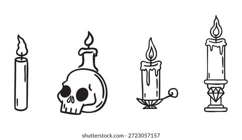 Conjunto de velas, vela de suporte, vela simples, vela de crânio, vibe medieval, linha monocromática arte estilo desenhado à mão. Ilustração vetorial.