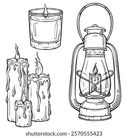 Candles set. Melted candles, candle in a glass, vintage lantern. Camping lamp. Cozy accessory. Vector illustration in hand drawn sketch doodle style. Line art isolated on white for coloring book