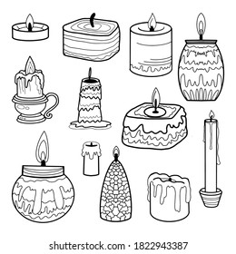 Kerzen setzen. Schwarz-Weiß-Vorlagensammlung. Fest und Feiern Konzept. Magisches, spirituelles Element. Religiöses Gebetssymbol. Design-Dekoration und Farbdruck. Vektorgrafik einzeln