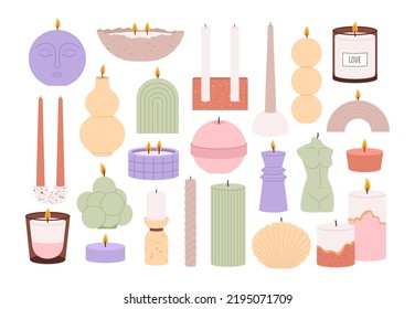 Candles set for spa with fire and wick. Romantic detail, cozy home craft candlelight. Aromatherapy tools, romance decorations racy vector collection