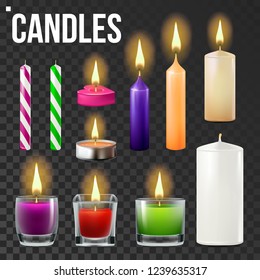 Candles Set Vector. Different Types Of Paraffin, Wax Burning Candles. Classic, Glass Jar, For Cake. Party Candle Light Icon. Transparent Background. Isolated Realistic Illustration
