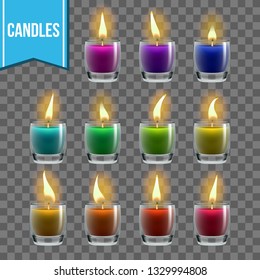 Candles Set Vector. Glass Jar. Christmas Lighter. Wax Design. Romantic Object. Transparent Background. Isolated Realistic Illustration