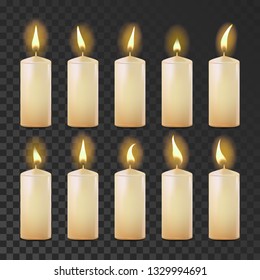 Candles Set Vector. White, Yellow. Religion, Church Prayer. Transparent Background. Isolated Realistic Illustration
