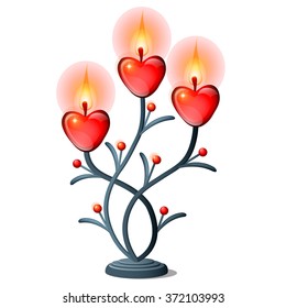 Candles in the shape of a heart in the candle holder. Vector.