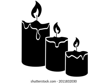 Candles are a sign for identity, a symbol. Three candles of different sizes are burning - vector silhouette illustration for logo or pictogram.