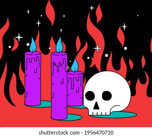 Candles and a skull on fire. Flat cartoon style vector illustration for Halloween party.