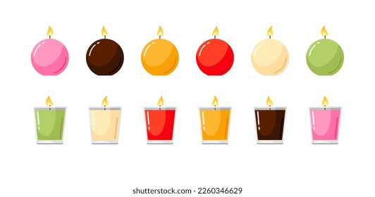 Velas esféricas y en vasos de vidrio con fuego. Aroma cera para el spa, relax, boda, cita romántica en San Valentín, acogedor interior. Conjunto de ilustraciones vectoriales de dibujos animados aislados en fondo blanco