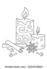 Candles And Spices -Aromatherapy -vector linear picture antistress for coloring. Outline. Scented candles, star anise, cloves and cinnamon sticks coloring picture antistress