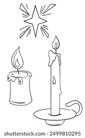  Candles and star.Cozy night concept. Hand drawn doodles. Line vector illustration.