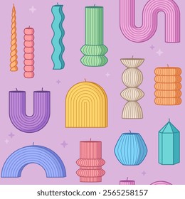 Candles of various different shapes and silhouettes seamless pattern, background. Home decor vector illustrations, drawings