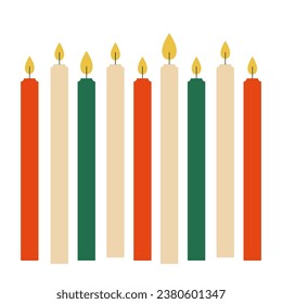 Candles. Vector set of paraffin or wax candles with fire. Festive decoration for Christmas, Advent, Birthday, Halloween, New Year, Festival. Simple vector illustration. Flat trendy abstract style.