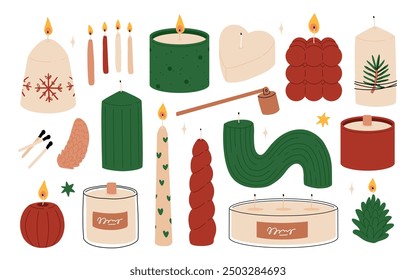 Candles. Vector set of paraffin or wax candles with fire. Festive decoration for Christmas, Advent, Birthday, Halloween, New Year, Festival. Simple vector illustration. Flat trendy abstract style.