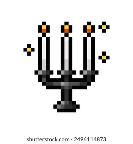 Candles in vintage metal candlestick isolated on transparent background. Candle holder icon. Gothic interior decoration. Vector pixel art illustration in 16 bit old style.