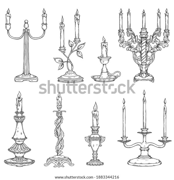 Candles in\
vintage old candlesticks. Antique candle holders and retro\
candelabrums with candlelight in line art style. Set of vector\
sketch illustrations on a white\
background.