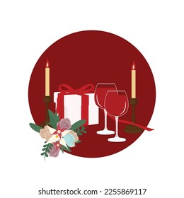 Candles, wine, gift, flower. Valentine's day romantic concept.