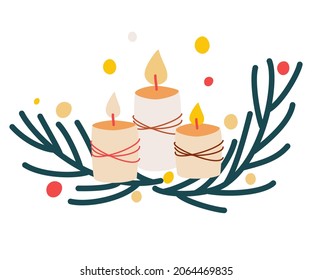 Candles and a wreath of fir twigs. Decoration for home, holiday, Merry Christmas, and New Year. Vector cartoon hand draw illustration on a white background. 