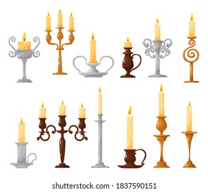 Candlestick with burning candle cartoon vector icons. Candle holder and vintage candelabra with melted wax and fire flame isolated symbols of Christmas and Halloween holiday celebration design