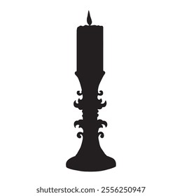 Candlestick with burning candle. Silhouette icon. Candle holder. Vector graphics illustration. Antique lamp, Christmas vintage accessories. Isolated clipart for postcard, wedding, ceremony, rituals.