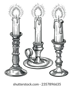 Candlestick with a burning candle. Vintage lantern sketch. Vector illustration