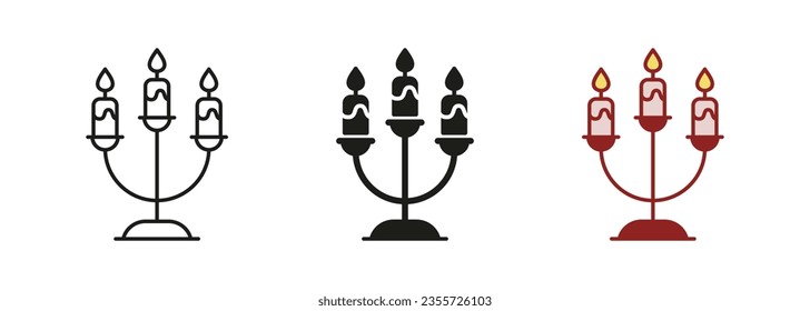 Candlestick with Burning Candles Line and Silhouette Icon Set. Candle Holder with Flame for Christmas, Hanukkah Symbols. Decor for Halloween Black and Color Pictogram. Isolated Vector Illustration.