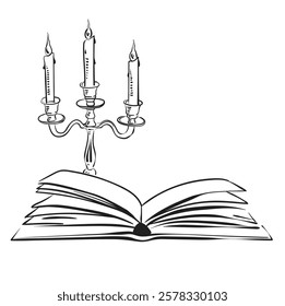 Candlestick with burning candles stands behind an open book. Sketch of a book and a candle drawn by hand with black ink. Vector isolated illustration on a white background.