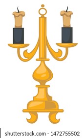 Candlestick con velas Decoración interior de estilo barroco de época y dispositivo de luz aislado de cera de fusión de objetos sobre el soporte dorado de lámpara vintage. con mangos de oro curvados elementos de diseño de reliquias antiguas