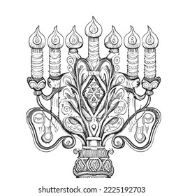 Candlestick with candles Menorah candlestick hand drawn sketch Vector illustration.