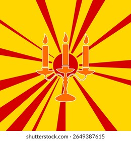 Candlestick with candles symbol on a background of red flash explosion radial lines. A large orange symbol is located in the center of the sunrise. Vector illustration on yellow background