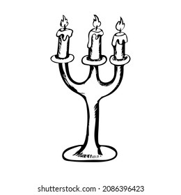 Candlestick or chamberstick candle holder with three arms and candles. Religious christian symbol. Vector Illustration in doodle style.