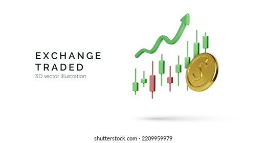 Candlestick chart with 3D arrow up and gold coin. Stock exchange trade. Business banner for mobile app or online trading platform. Vector illustration svg