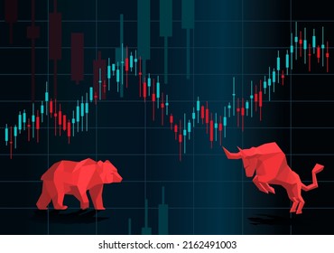 Candlestick chart artwork. Stock market graph. Bull and bear signals. Cryptocurrency bullish or bearish symbol. Trading illustration.