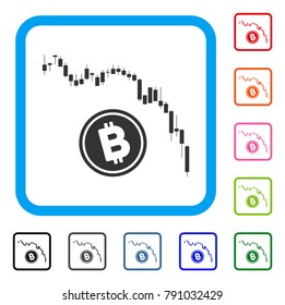 Candlestick Chart Bitcoin Fall icon. Flat grey iconic symbol inside a blue rounded squared frame. Black, gray, green, blue, red,