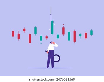 Kerzenständer-Diagramm zu kaufen oder zu verkaufen in der Börse Konzept, analysieren Daten, Diagramm und Grafik, um Gewinn zu machen, Geschäftsmann Händler Denken, während grüne Grafik mit Fischköder analysieren