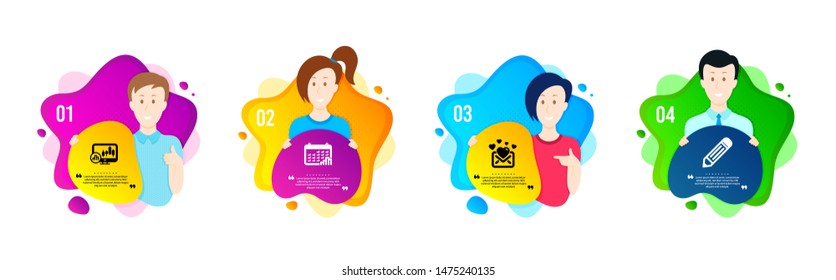Candlestick chart, Calendar graph and Love mail icons simple set. People shapes timeline. Pencil sign. Report analysis, Annual report, Valentines letter. Edit data. Education set. Vector