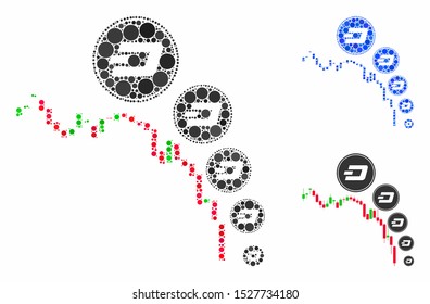 Candlestick chart Dashcoin deflation mosaic of small circles in various sizes and color tinges, based on candlestick chart Dashcoin deflation icon.