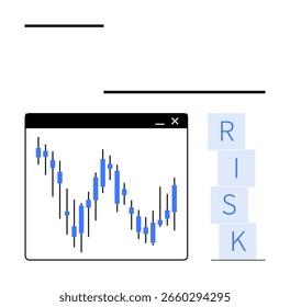 Candlestick chart displayed on a black-bordered window next to vertical arrangement of blue blocks spelling RISK. Ideal for finance, investment, stock market, risk management, trading, data analysis