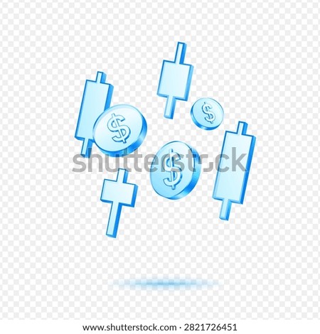 Candlestick Chart Dollar Coin Trading, 3D Blue Glossy Finance Icon