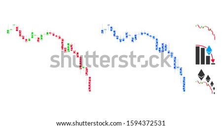 Candlestick chart down composition of filled circles in various sizes and color tints, based on candlestick chart down icon. Vector random circles are united into blue composition.