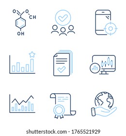 Candlestick chart, Efficacy and Infochart line icons set. Diploma certificate, save planet, group of people. Handout, Chemical formula and Seo phone signs. Vector
