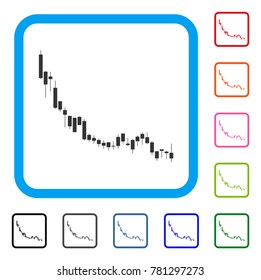 Candlestick Chart Falling Slowdown icon. Flat gray pictogram symbol in a blue rounded squared frame. Black, gray, green, blue, red, orange color versions of Candlestick Chart Falling Slowdown vector.